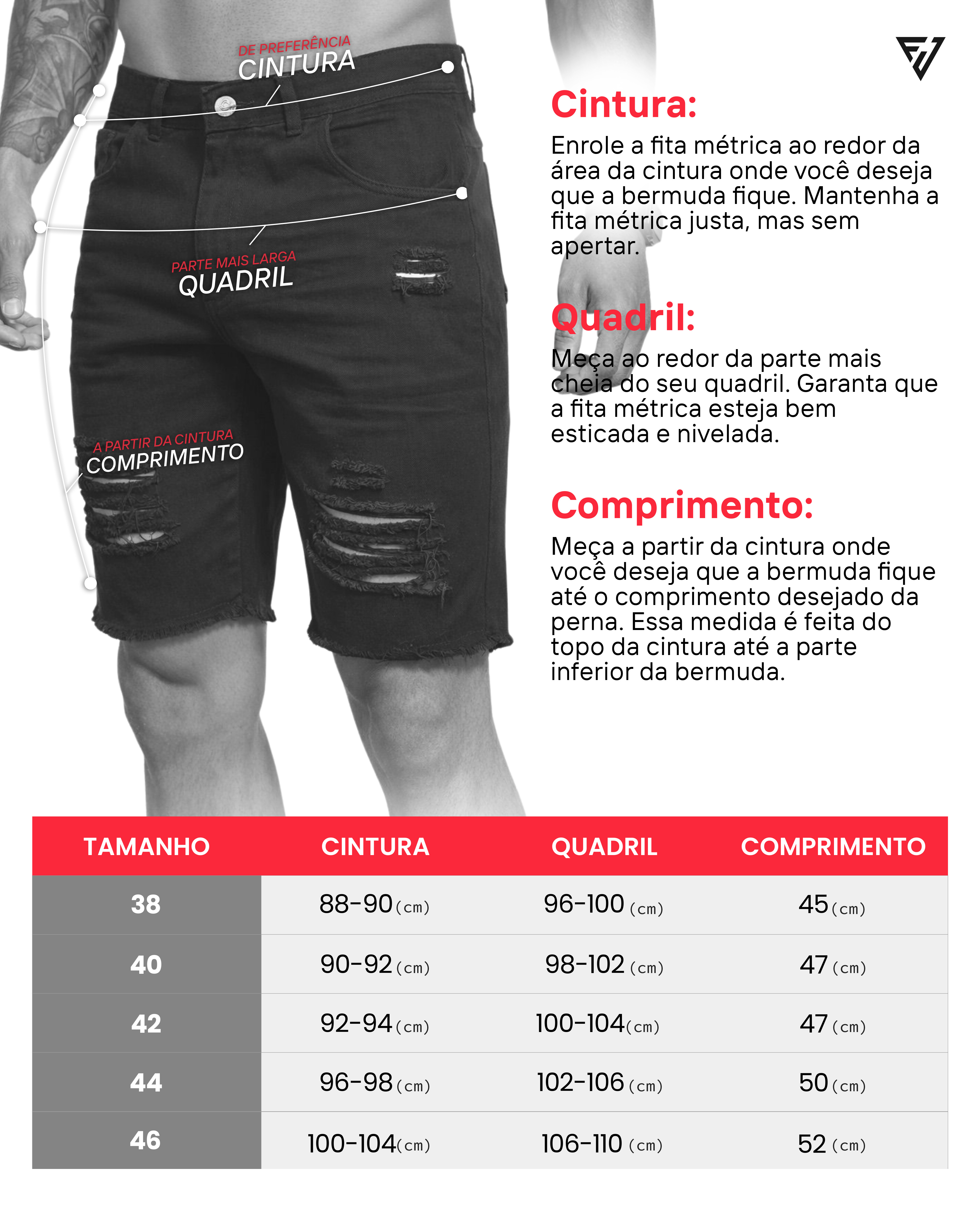 Tabela de medidas shorts sarja